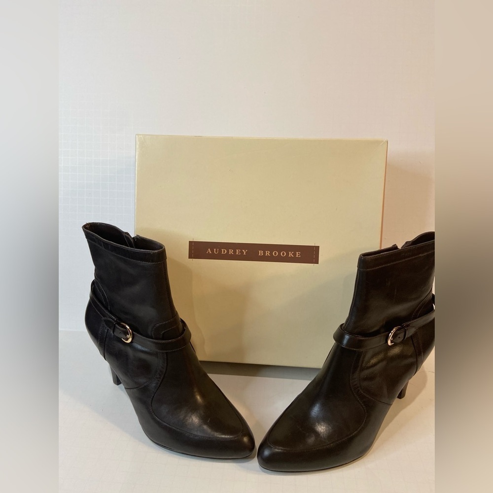 Audrey Brooke~NIB~Dark Brown Leather Ankle Heeled Boot~Side Zip Closure~Size 10M
